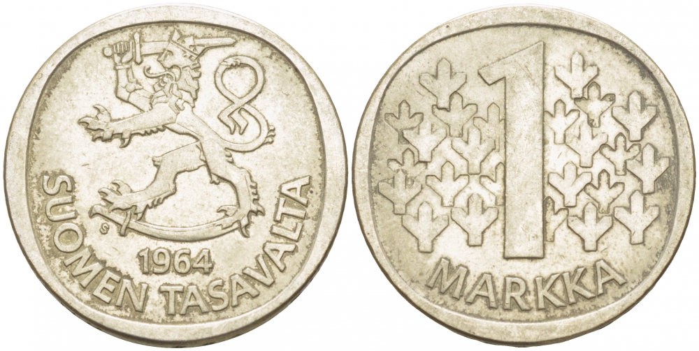 Финляндия 1 марка 1964 S KM 49 серебро 3457-936