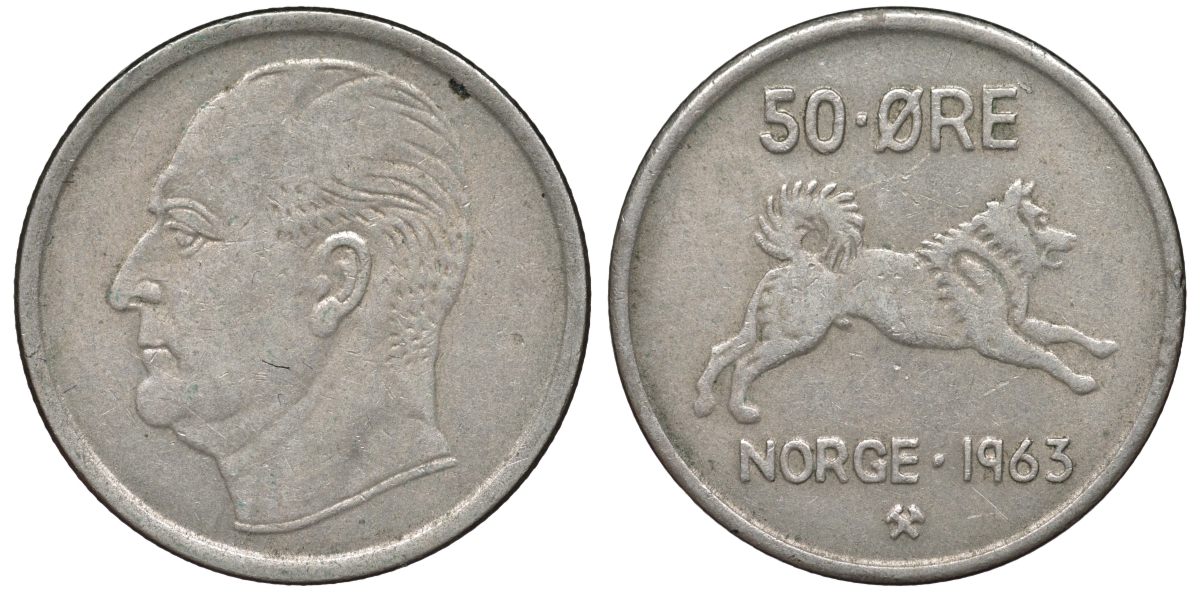 Норвегия 50 эре 1963 Улаф V (1957-1991), собака KM 408 медно-никель 4556-1036