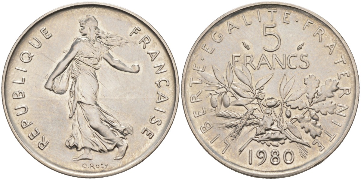 Франция 5 франков 1980 сеятель KM 926а, Le Frank 341.12 никель UNC 69-744
