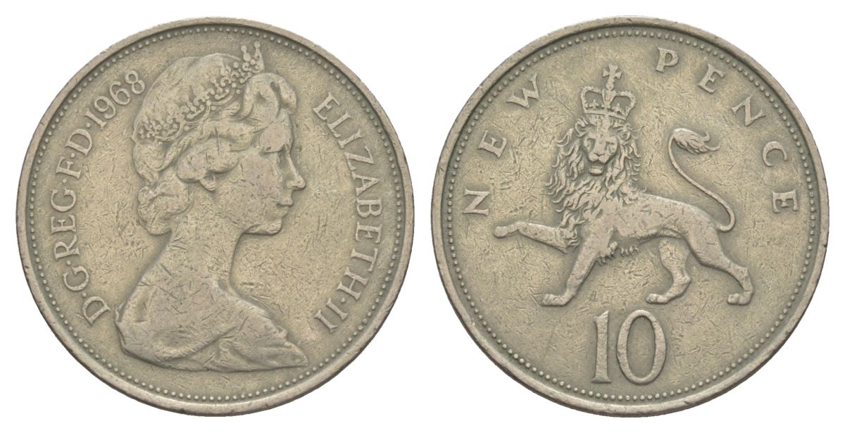 Великобритания 10 новых пенсов 1968 Елизавета II (1952-2022) KM 912, Spink 4231 (F1) медно-никель 4633-824