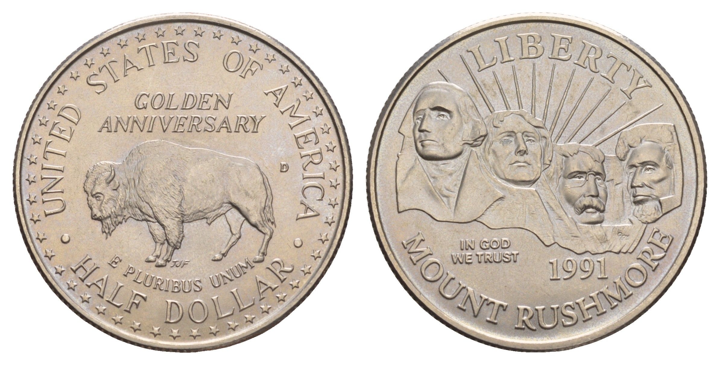 США 1/2 доллара 1991 D, 50 лет Национальному мемориалу Рашмор KM 228 медь плакированная медно-никелем BU 4131-122