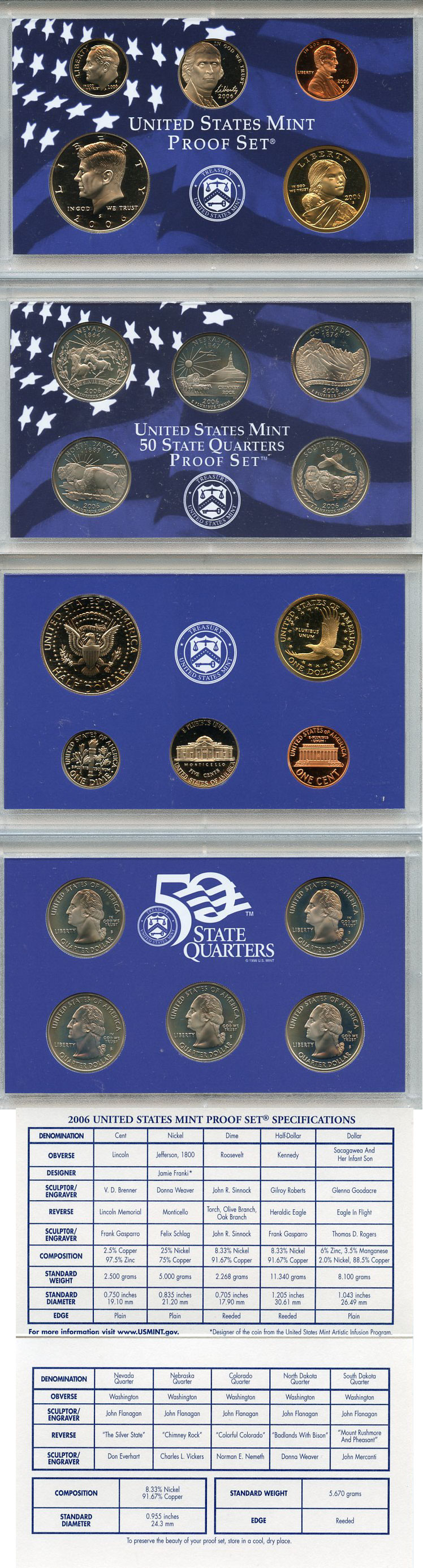 США официальный набор из 10 монет, в 2 пластиковых сетах 2006 годовой набор и юбилейные монет 25 центов, в оригинальной коробке, сертификат KM PS 221   PROOF  8-2-03-13