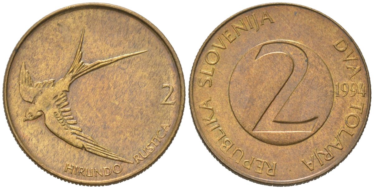 Словения 2 толара 1994 ласточка, открытая четвертка (4) KM 5 латунь 186-254