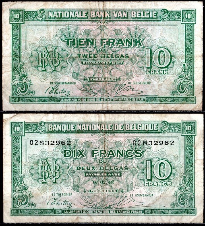 Бельгия 10 франков 1943 Pick 122 бумага 7457-28-2-2