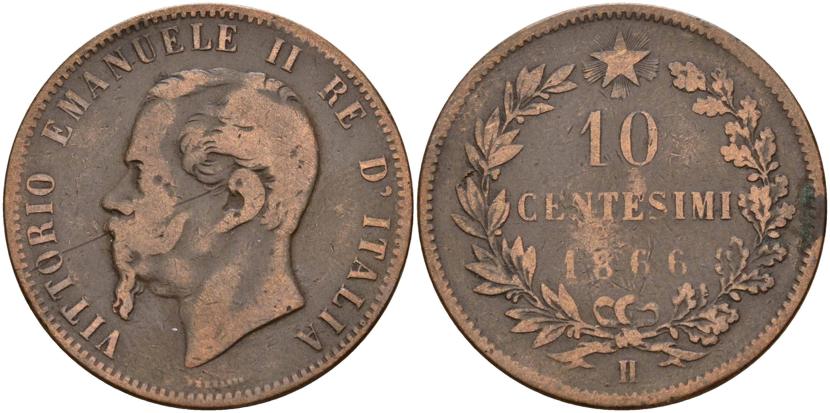 Италия 10 чентезимо 1866 H, Виктор Эммануил II (1861-1878) KM 11.3 медь    4144-145
