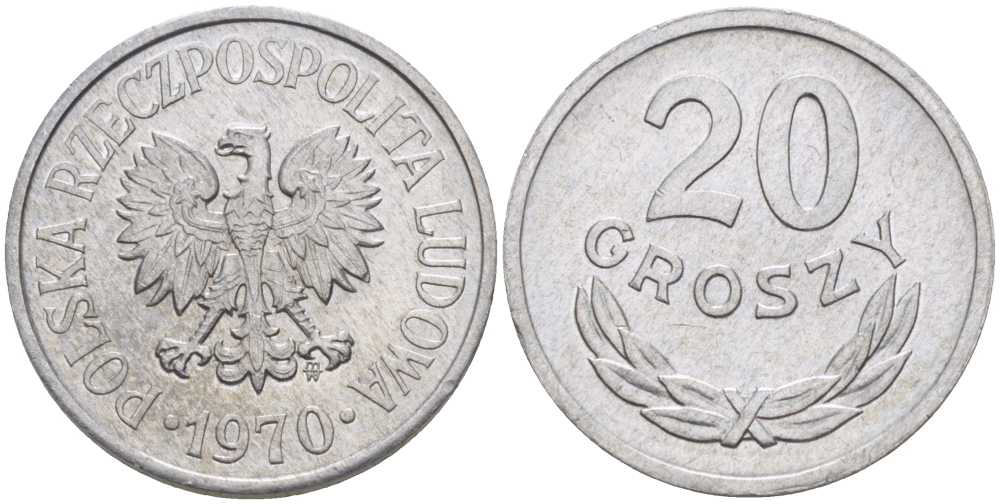 ПОЛЬША 20 ГРОШЕЙ 1970 MW KM А47 алюминий 201-456