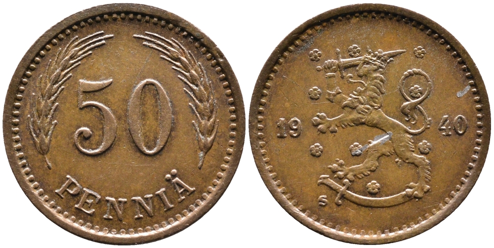 ФИНЛЯНДИЯ 50 ПЕННИ 1940 S KM 26а медь 4387-513
