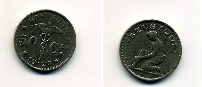 БЕЛЬГИЯ 50 САНТИМОВ 1923 BELGIQUE KM 87 37-256