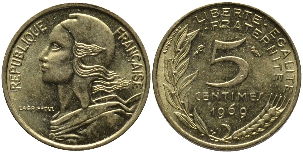 ФРАНЦИЯ 5 САНТИМОВ 1969 ТИП MARIANNE KM 933 медь алюминий никель 176-1221