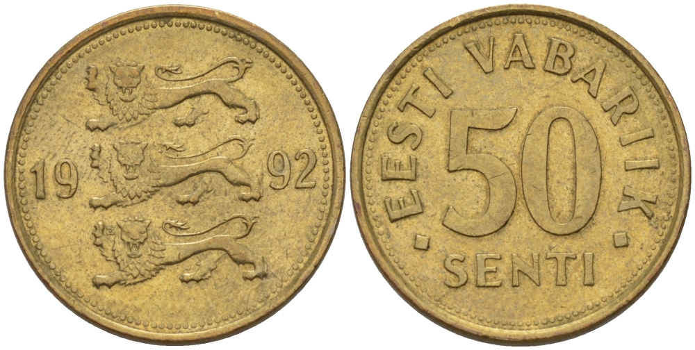 ЭСТОНИЯ 50 ЦЕНТОВ 1992 KM 24 латунь 66-733