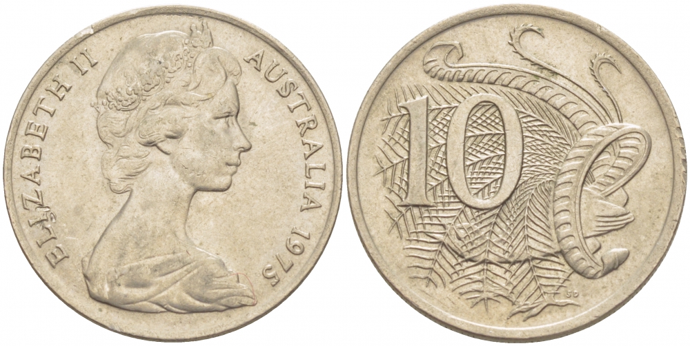 Австралия 10 центов 1975 Елизавета II (1952-), птица лирахвост KM 65 медно-никель 3457-645