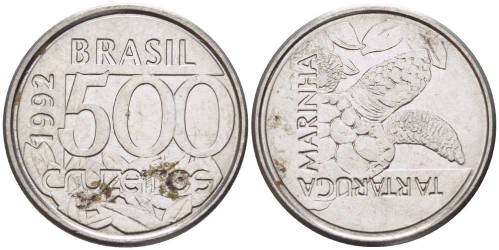 Бразилия 500 крузейро 1992 морская черепаха KM 624 нержавеющая сталь 4396-545