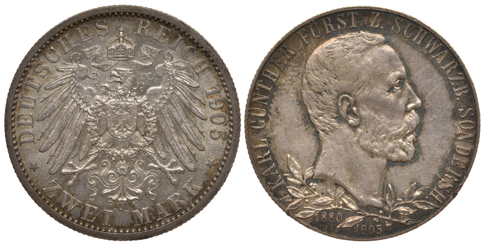 Шварцбург-Зондерсгаузен 2 марки 1905 A, 25 лет правления Карла Гюнтера I Weege 165а, J. 169a, KM 152 серебро 00-806-29