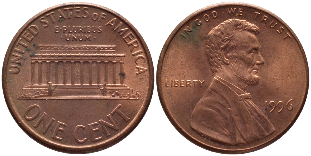 США 1 ЦЕНТ 1996 ЛИНКОЛЬН KM 201b цинк плакированный медью 66-1064