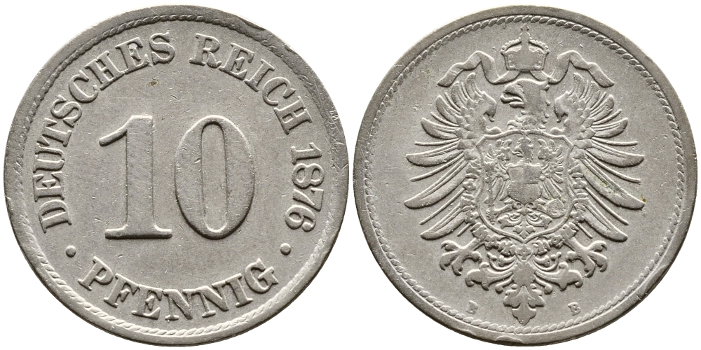 Германия 10 пфеннигов 1876 B, старогербовка KM 4, Jager 4, Weege 7 медно-никель 83-1052