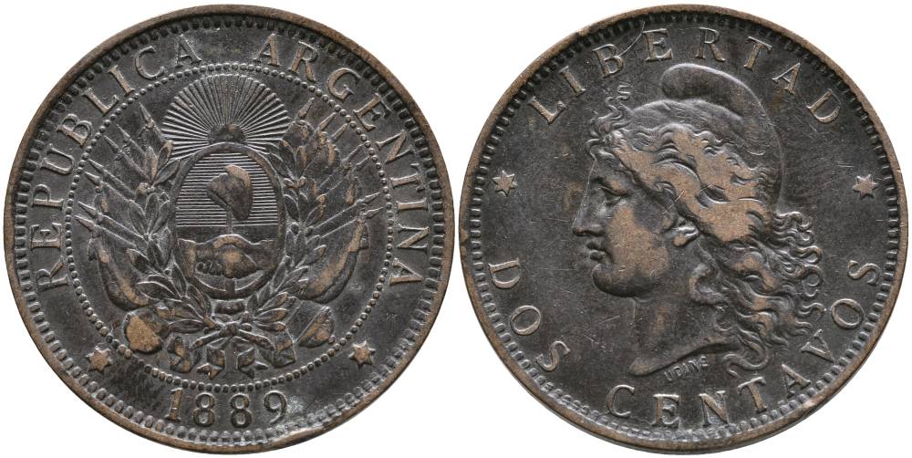 Аргентина 2 сентаво 1889 голова Свободы влево KM 8 бронза 4531-546
