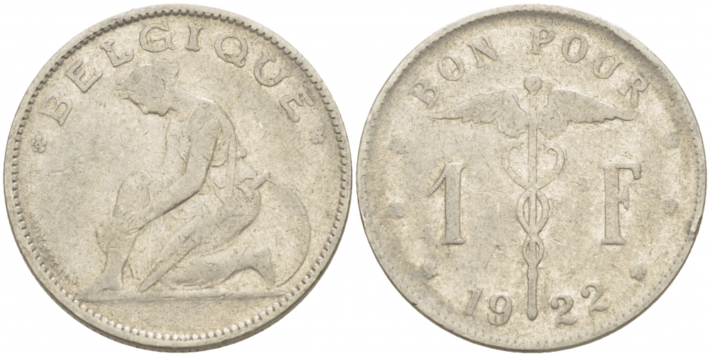 Бельгия 1 франк 1922 Belgique, Альберт I (1910-1934) KM 89 никель 261-1231