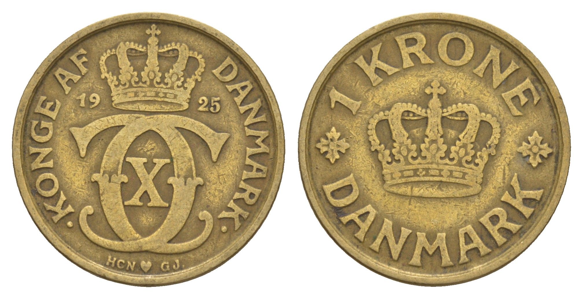 Дания 1 крона 1925 HCN, Кристиан X (1912-1947) KM 824 алюминиевая бронза 4657-324