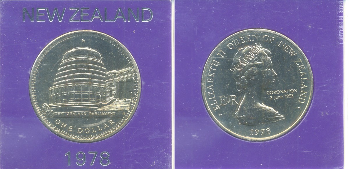 Новая Зеландия 1 доллар 1978 25 лет коронации Елизаветы II и открытие здания Парламента, Елизавета II (1952-2022), в оригинальной пластиковой упаковке KM 47 медно-никель UNC 06-059-9