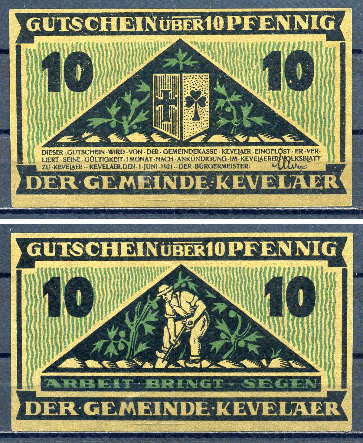 Кевелар (Пруссия) 10 пфеннигов 1921 DeNG 1/2 0690.1-1/3 бумага UNC (пресс) 7556-17-3-1