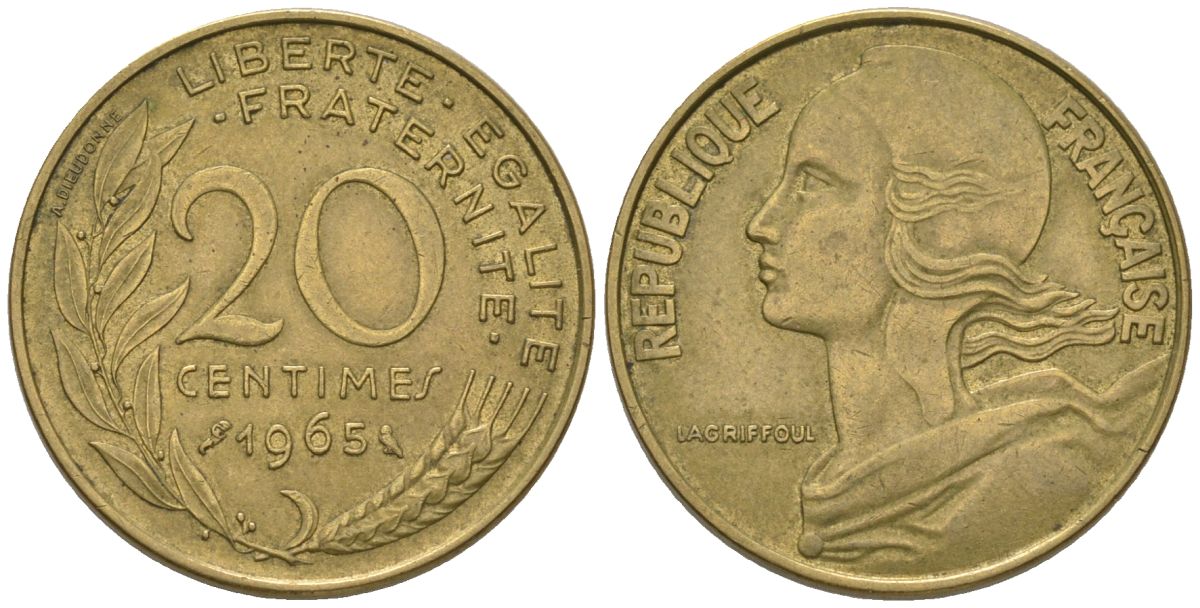 Франция 20 сантимов 1965 тип Marianne KM 930 медь алюминий никель 210-1137