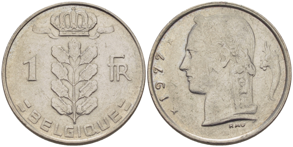Бельгия 1 франк 1977 Belgique, Бодуэн I (1951-1993) KM 142.1 медно-никель 67-741