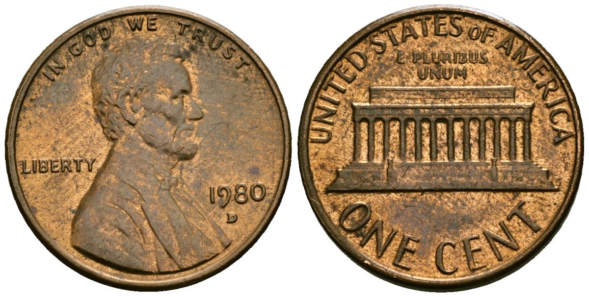 США 1 цент 1980 D, Авраам Линкольн KM 201 медь цинк 4136-168
