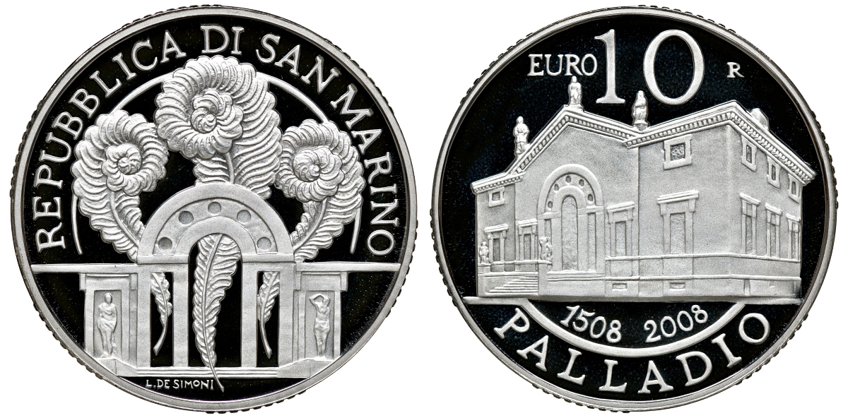 Сан-Марино 10 евро 2008 500 лет Андреа Палладио, в оригинальной коробке, сертификат KM 514 серебро PROOF 2-4-2-13