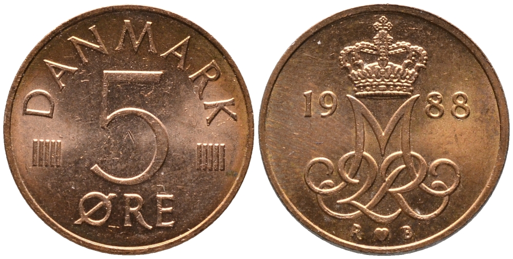 ДАНИЯ 5 ЭРЕ 1988 R; B, МАРГРЕТЕ II (1972-) KM 859.3 железо плакированное медью 4380-148