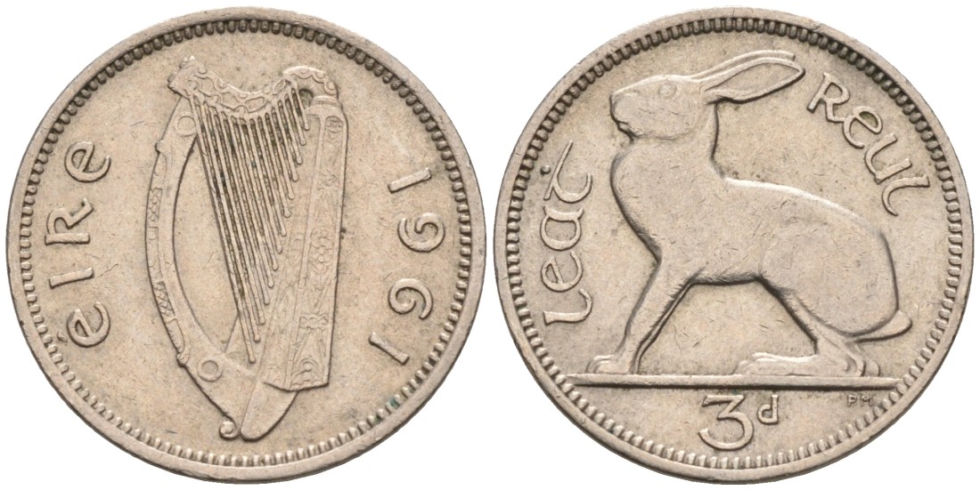 Ирландия 3 пенса 1961 заяц KM 12a медно-никель 92-232