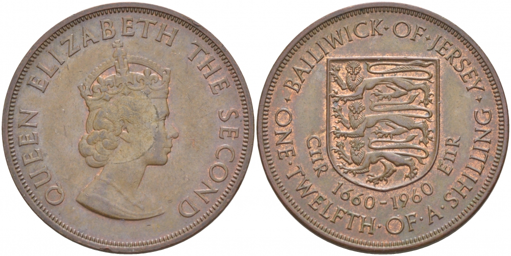 Джерси 1/12 шиллинга 1960 Елизавета II (1952-2022), 300 лет вступления на престол короля Карла II KM 23 бронза 4545-326