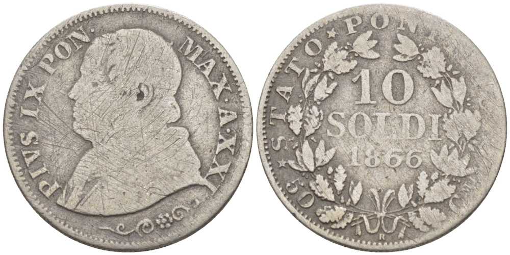 ВАТИКАН 10 СОЛЬДИ 1866 R, ГОД XXI, ПАПА ПИЙ IX (1846-1878) , МАЛАЯ ГОЛОВА, ОРНАМЕНТ ПОД БЮСТОМ KM 1376 (С187) серебро 1521-1333
