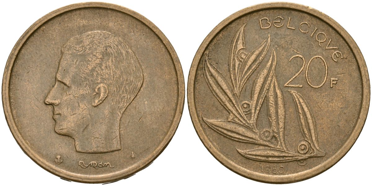 Бельгия 20 франков 1980 Надпись на голландском - 'BELGIE' KM 160 никелевая бронза 4162-746