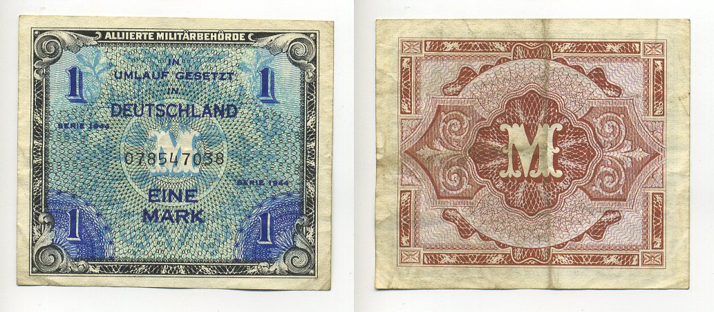 Германия, оккупация союзниками 1 марка 1944 9 цифр, без кода, выпуск СССР Pick 192 b бумага 00-00
