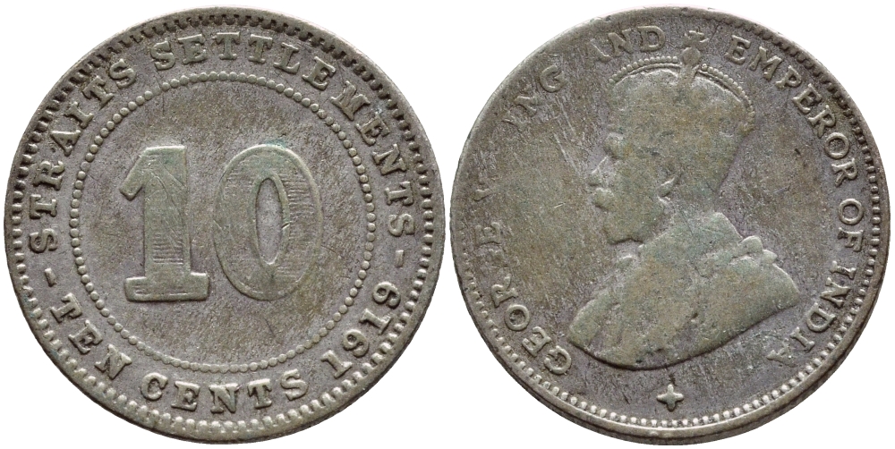 Стрейтс-Сетлментс 10 центов 1919 Георг V (1910-1936) KM 29а серебро 4379-359