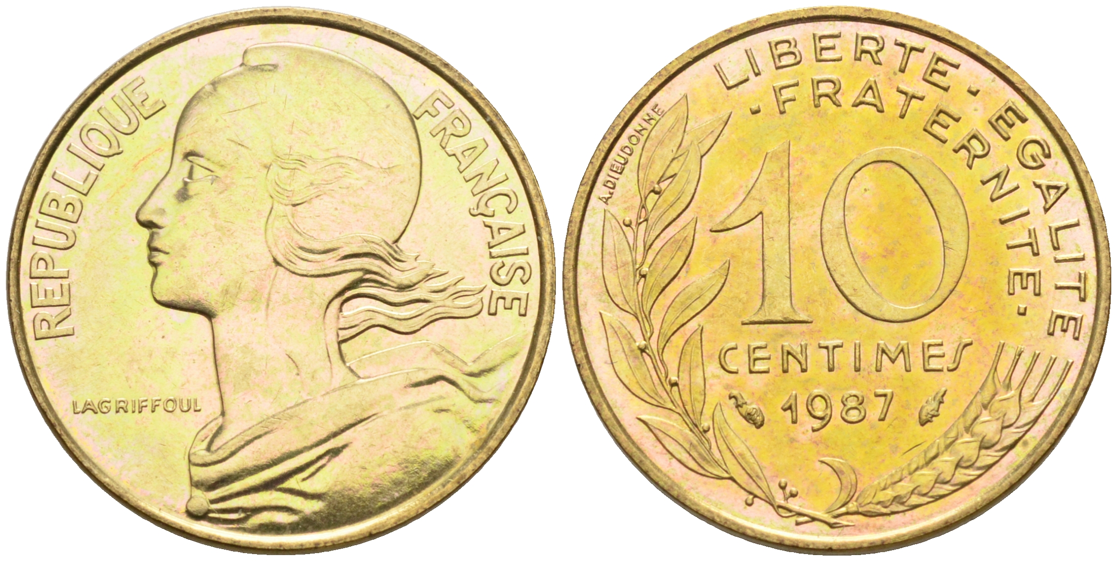 Франция 10 сантимов 1987 тип Марианна KM 929 медь алюминий никель    4594-1221