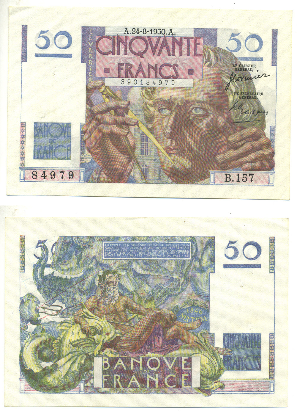 ФРАНЦИЯ 50 ФРАНКОВ 1950 24 АВГУСТА 1950, ЛЕВЕРЬЕ, НЕПТУН Pick 127c бумага 3295-24-3-1