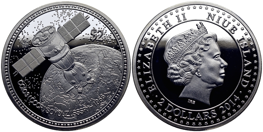 Ниуэ 2 доллара 2014 первый полет космического корабля Союз 1966 медно-никель PROOF 1068-1-44