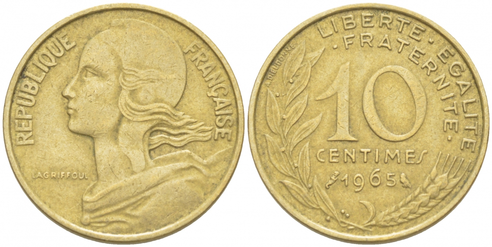 ФРАНЦИЯ 10 САНТИМОВ 1965 ТИП MARIANNE KM 929 медь алюминий никель 4516-838