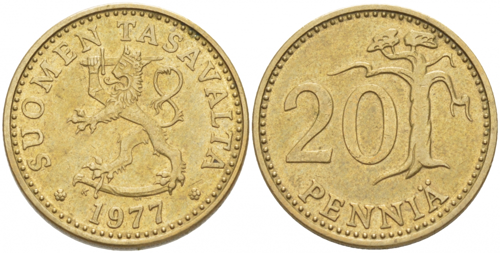 ФИНЛЯНДИЯ 20 ПЕННИ 1977 K KM 47 алюминиевая бронза 3718-634