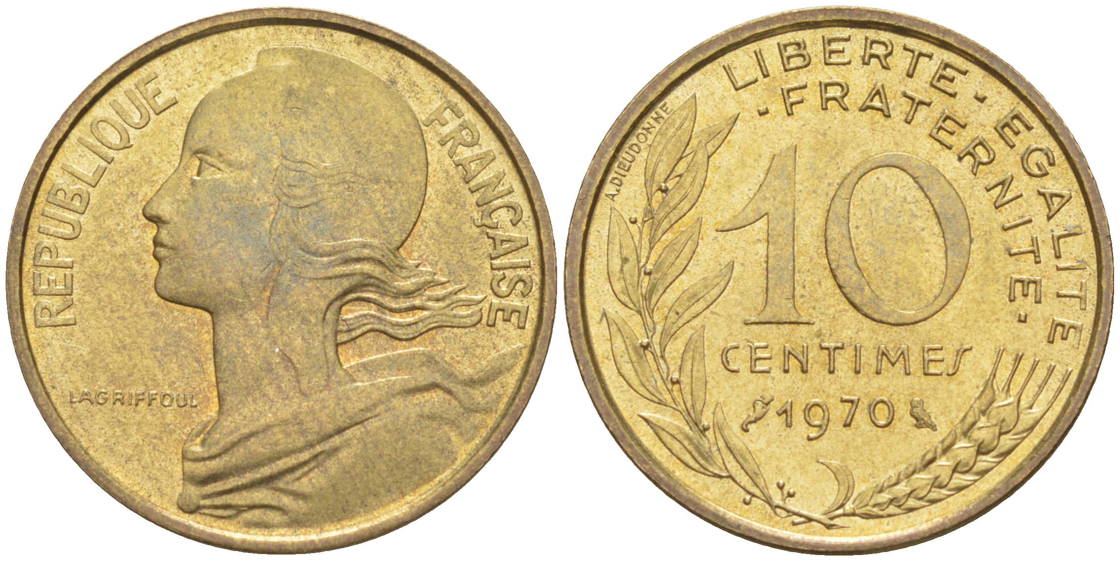 Франция 10 сантимов 1970 тип Marianne KM 929, LE FRANC 144.10 медь алюминий никель 4511-925