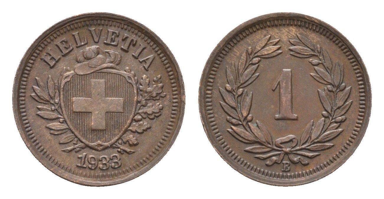 Швейцария 1 раппен 1933 B KM 3.2 бронза 46-562
