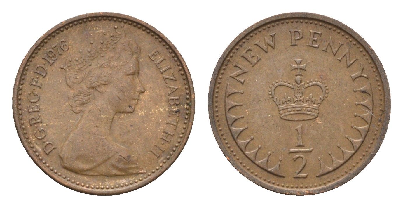Великобритания 1/2 пенни 1976 Елизавета II (1952-2022) KM 914, Spink 4239 бронза 4697-921