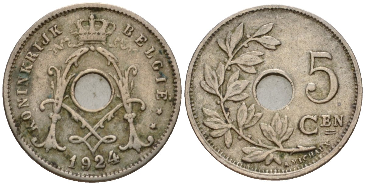 Бельгия 5 сантимов 1924 Belgique KM 66 медно-никель 4551-513
