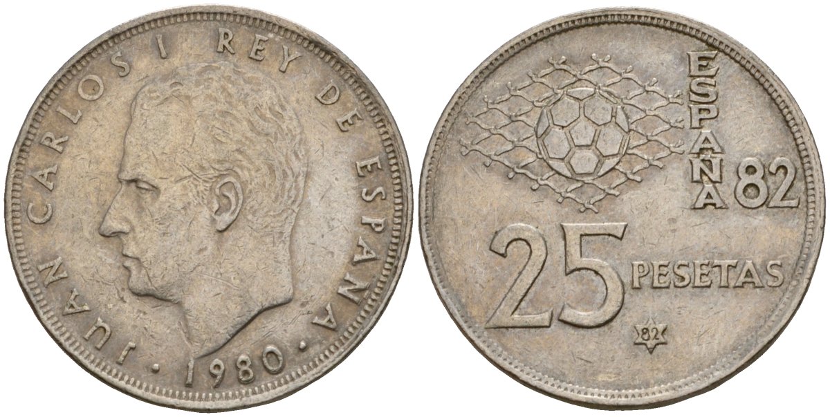 Испания 25 песет 1983 (82) Чемпионат мира по футболу в Испании 1982, Хуан Карлос I (1975-2014) KM 818 медно-никель 183-235