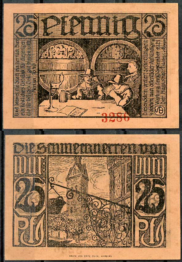 Германия, Варбург 25 пфеннигов 1921 нотгельд, 19.9.1921 Li.1341-2, M.1376.1a  бумага  UNC (пресс) 444-82-1-2