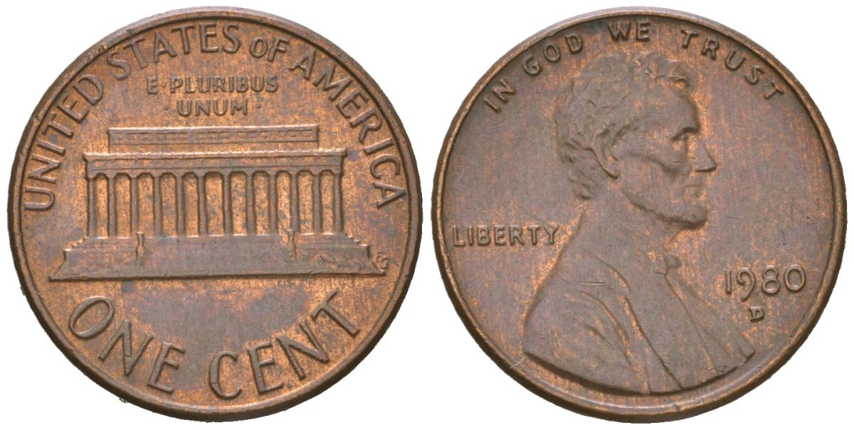 США 1 цент 1980 D, Авраам Линкольн KM 201 медь цинк aUNC 220-956