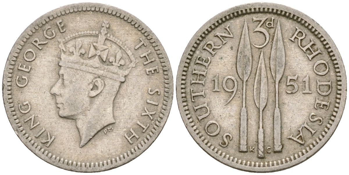 Британская Южная Родезия 3 пенса 1951 Георг VI (1936-1952) KM 20 медно-никель 4174-327
