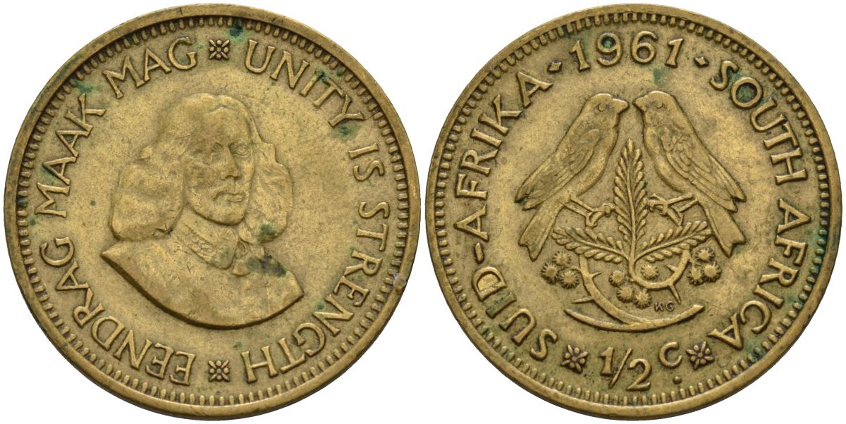 ЮАР 1/2 цента 1961 птички на ветке, Ян ван Райбек KM 56 латунь 4593-946