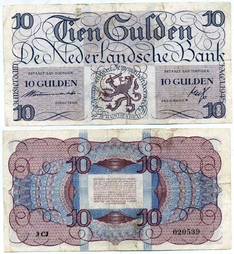 Нидерланды 10 гульденов 1945 герб, малый серийный номер, серия 3 CJ Pick 74, Akkermans 34.1 a бумага 451-33-2